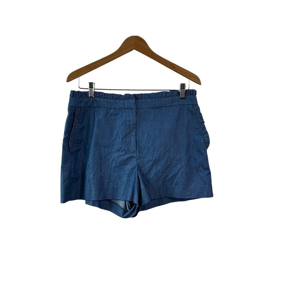 J.Crew Blue Chambray Shorts Ruffle Trim Waist & Pocket 100% Cotton Size 12